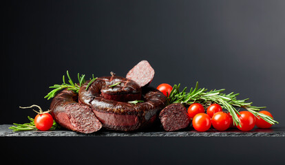 Traditional European black pudding or blood sausage with rosemary and tomatoes.