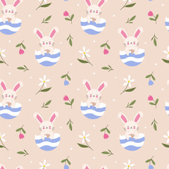 Pattern with rabbit in eggshell and flowers - obrazy, fototapety, plakaty