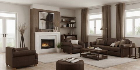 Fototapeta na wymiar Modern living room with brown sofa, wooden table, and furniture with earth tone in a perfect composition.