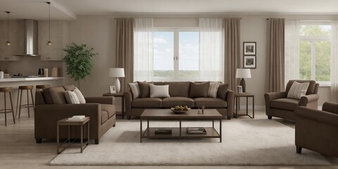 Modern living room with brown sofa, wooden table, and furniture with earth tone in a perfect composition.