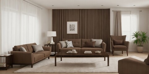 Fototapeta premium Modern living room with brown sofa, wooden table, and furniture with earth tone in a perfect composition.