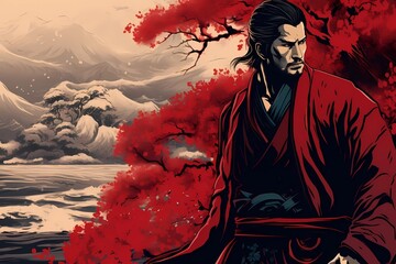 background painting with the image of a samurai - obrazy, fototapety, plakaty