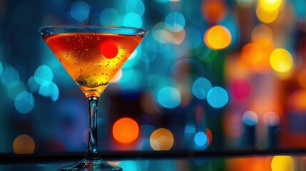 Variety of alcoholic drinks and multi colored cocktails on the reflective surface of bar counter. Blurred shelves with bottles on background