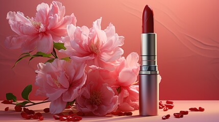 Obraz na płótnie Canvas a lipstick next to beautiful pink flowers