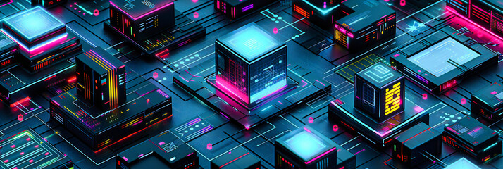 Isometric Digital Network: Conceptual Illustration of Data and Communication Flow in a Futuristic Cyberspace Environment - obrazy, fototapety, plakaty