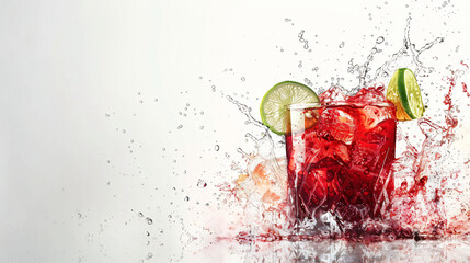 Red cocktail with lime on white. - obrazy, fototapety, plakaty