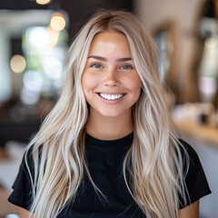 25 year old female with long blonde hair wearing black working in a beauty salon smiling clean...