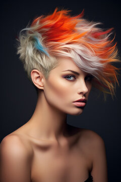 Beautiful model with bright dyeing haircut for hairdressing saloon