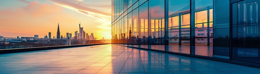 Bird's-eye view of church architecture with glass surfaces sparkling in the sunset light.  Contemporary sunlit church design,building and architecture background.  - obrazy, fototapety, plakaty