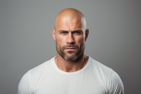 Portrait of a bald man in a white t-shirt.