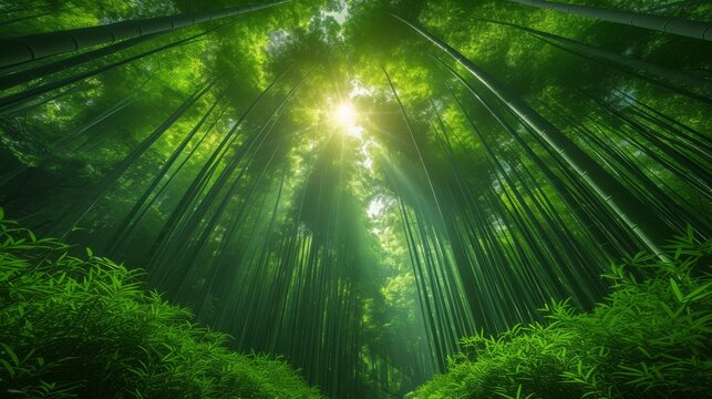 Tranquil Bamboo Forest with Sunlight Filtering Through: A serene bamboo forest with sunlight filtering through the dense foliage, creating a calming atmosphere.