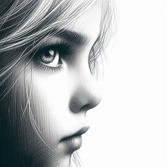 Pencil sketch of a face silhouette with the eyes of a little girl looking at the camera from the side, on a white background of copy space for your conceptual text ad. Image with digital processing an