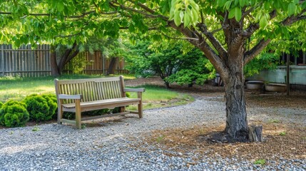 Fototapeta na wymiar Serene Backyard Corner with Wooden Bench AI Generated.