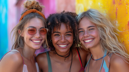 Fototapeta premium Beautiful stylish girls as friends enjoying summer.colouful background