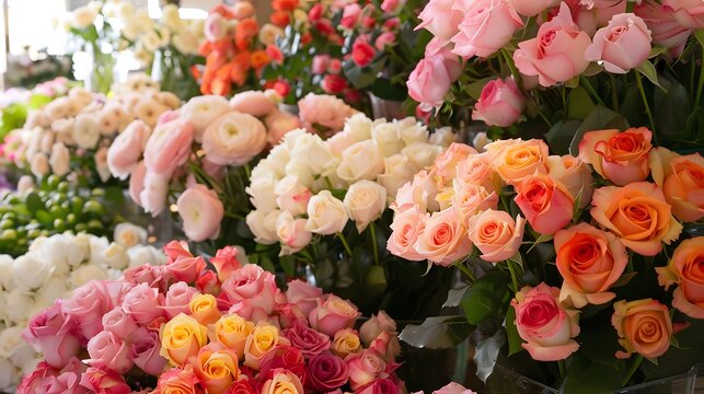 A lush display of assorted roses in various shades of pink, peach, and white, artfully arranged in vases at a bright flower market..
