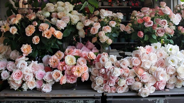 A lush display of assorted roses in various shades of pink, peach, and white, artfully arranged in vases at a bright flower market..
