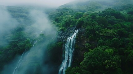 Aeriel view of waterfall between trees of high hills in a foggy day. Water flows down to rocky mountain.