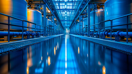 Drinking water factory, industrial interior. Blue metal tanks for filtering and potable water treatment. - obrazy, fototapety, plakaty