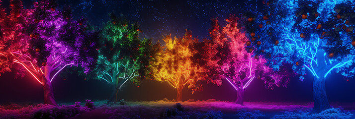 Obraz na płótnie Canvas Trees with branches made of neon lights, bearing fruits that radiate vibrant colors in a surreal orchard. 