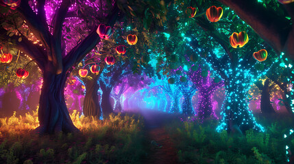 Trees with branches made of neon lights, bearing fruits that radiate vibrant colors in a surreal orchard. 