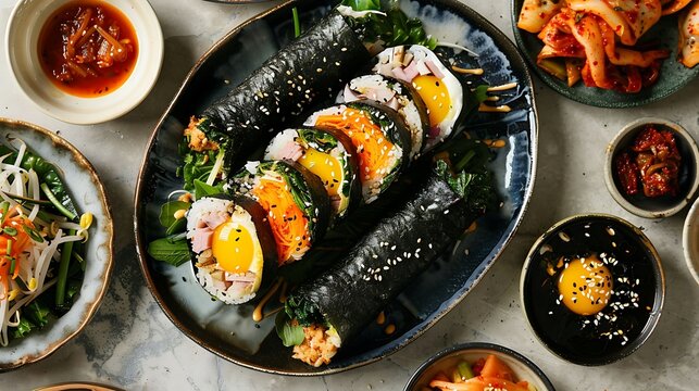 Korean gimbap seaweed rice rolls filled with vegetables, egg, and ham, served with pickled radish and kimchi