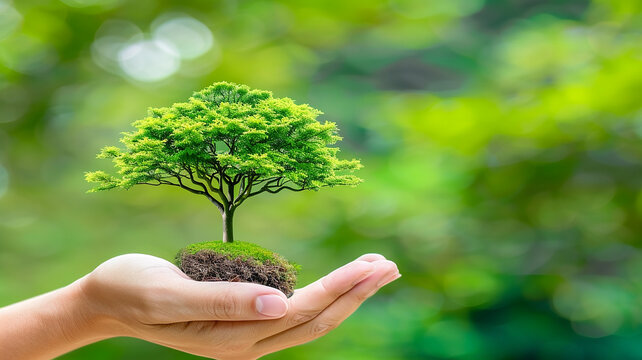hand hold tiny tree, green peace theme, nature blur background, natural light