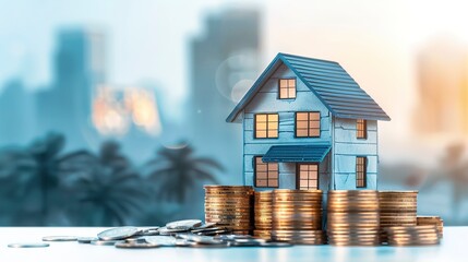Model House with Coin Stacks Against Cityscape