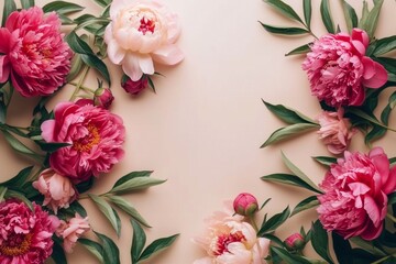 Frame of beautiful peonies on beige background. Mother's day or other holiday background. generative ai.