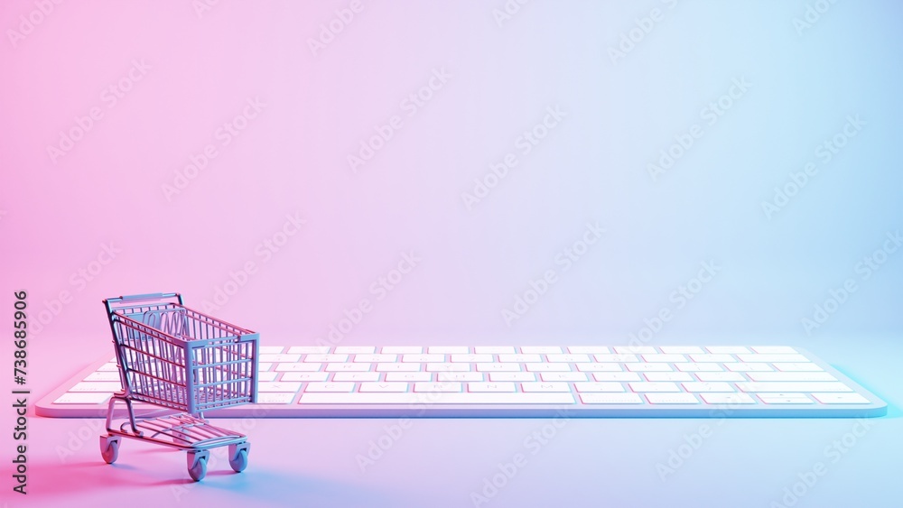 Poster this illustration depicts a shopping cart placed atop a keyboard background, merging the concepts of