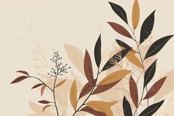 minimal plants with leaves in neutral brown beige tones flat illustration with copy space right top. Florist salon logo or card design element.