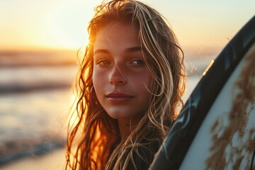 beautiful young dutch or Australian blonde girl surfer closeup portrait on the beach at sunset or sunrise