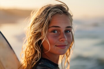 smiling young dutch or Australian  blonde girl surfer closeup portrait on the beach at sunset or sunrise