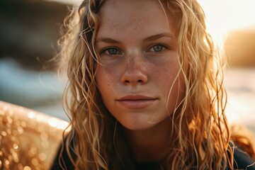 beautiful young dutch or Australian blonde girl surfer closeup portrait on the beach at sunset or sunrise - obrazy, fototapety, plakaty
