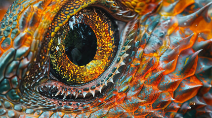Close-Up Eye of Reptile or Dragon, Detailed Textures, Vibrant Colors on Scales, Striking Yellow-Orange Iris, Vertical Pupil, Intricate Scale Pattern, Dramatic, Intense Look, Real or Digital Creation.