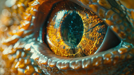 Close-Up Eye of Reptile or Dragon, Detailed Textures, Vibrant Colors on Scales, Striking...