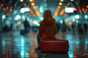 A travelers woman sitting on a suitcase, in passenger hall