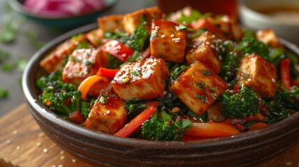 Fototapeta premium Vegetarian Stir-Fry: A colorful stir-fry with a variety of fresh vegetables, tofu, and a flavorful sauce.