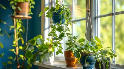 Indoor Hanging plants at home. Trailing and Hanging House Plants on window background. Home space with mini treehouse kit for a charming botanical retreat. 