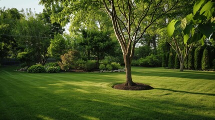 Fototapeta na wymiar Peaceful Backyard Haven with One Tree and Manicured Grass AI Generated.
