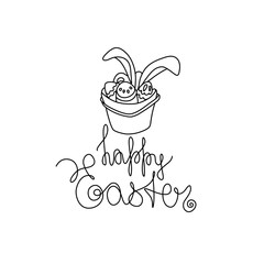 Happy Easter Day lettering, bunny ears in bucket of easter eggs, greeting card logo design, invitation. Continuous line drawing, print for clothes, isolated vector illustration.