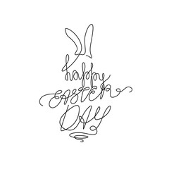 Happy Easter Day lettering with rabbit ears for greeting card, invitation template. Continuous line drawing, hand lettering, print for clothes, isolated vector.