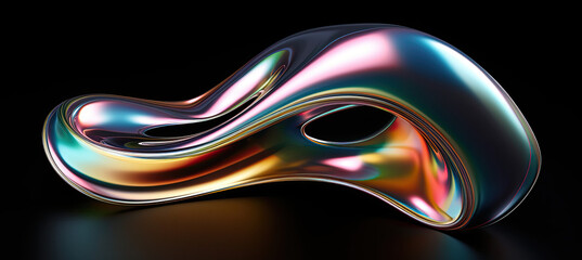 Bold holographic liquid blob shape isolated. Iridescent wavy melted substance on black background
