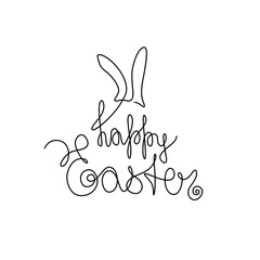 Happy Easter lettering with rabbit ears for greeting card, invitation template. Continuous line drawing, print for clothes, isolated vector illustration.
