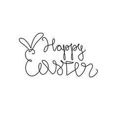 Happy Easter lettering with rabbit ears for greeting card, invitation template. Continuous line drawing, hand lettering, print for clothes, isolated vector illustration.