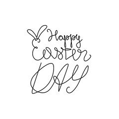 Happy Easter Day logotype. Lettering Happy Easter with rabbit ears for greeting card, invitation template. Continuous line drawing, hand lettering, print for clothes, isolated vector.