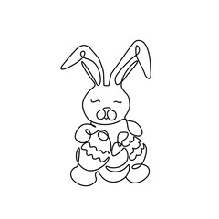 Bunny with Easter egg, Happy Easter Day symbol greeting card logo design, invitation. Continuous line drawing, print for clothes, isolated vector illustration.