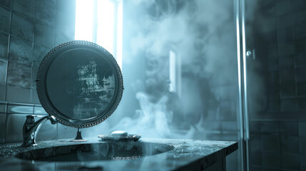 condensation and steam in a bathroom from a hot shower, water droplets on a mirror