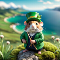 Forest Peddler: Leprechaun's Secret Wares Await Discovery amidst the Enchanted Woods; a hamster - obrazy, fototapety, plakaty