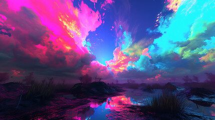 Vibrant 3D render of an otherworldly landscape with neon clouds painting a surreal, colorful sky