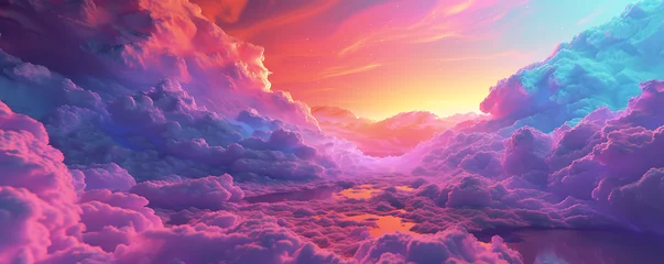 Schilderijen op glas Vibrant 3D render of an otherworldly landscape with neon clouds painting a surreal, colorful sky © thisisforyou